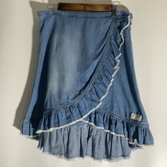 Anthropologie Odd Molly Crisscross Ruffle Jean Mini Skirt Back Zip Size 2; CUTE! - Picture 3 of 16